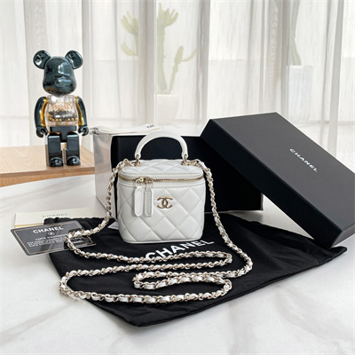 Ch*el small vanity case with chain lambskin gold tone metal white ap2198