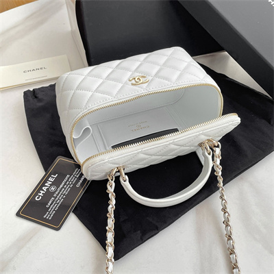 Ch*el vanity case with chain lambskin gold tone metal white ap2199
