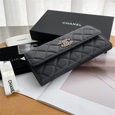 Ch*el long flap wallet grained calfskin black ap2740