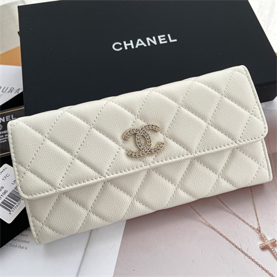 Ch*el long flap wallet grained calfskin white ap3396