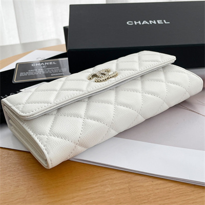 Ch*el long flap wallet grained calfskin white ap3396