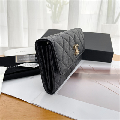Ch*el long flap wallet grained calfskin black ap3396