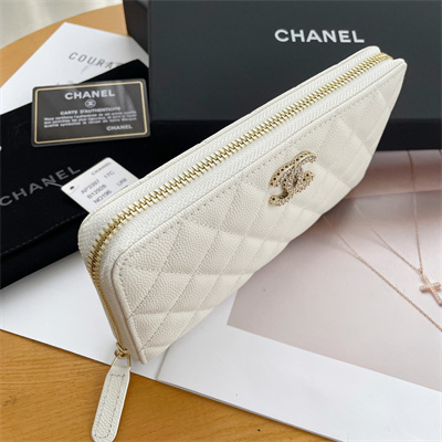 Ch*el long zippy wallet grained calfskin white ap3397