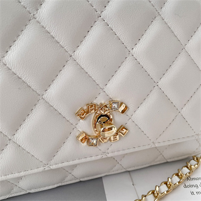 Ch*el clutch with chain lambskin gold tone metal white ap3795