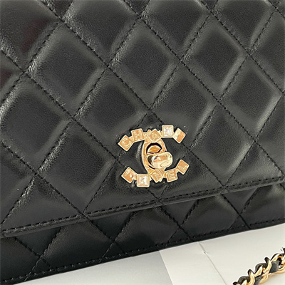 Ch*el clutch with chain lambskin gold tone metal black ap3795