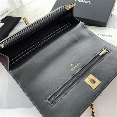 Ch*el clutch with chain lambskin gold tone metal black ap3795