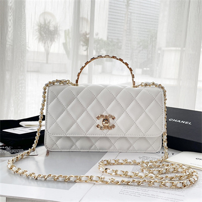 Ch*el clutch with chain lambskin gold tone metal white ap3797