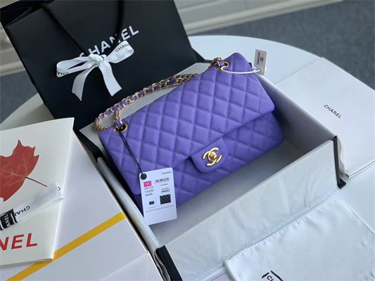 Ch*el medium classic flap bag grained calfskin gold tone metal purple 01112