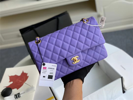 Ch*el medium classic flap bag grained calfskin gold tone metal purple 01112