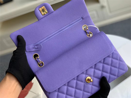 Ch*el medium classic flap bag grained calfskin gold tone metal purple 01112