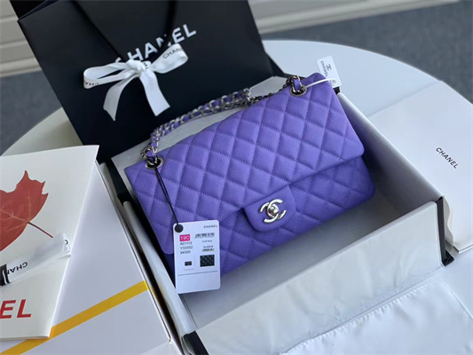 Ch*el medium classic flap bag grained calfskin silver tone metal purple 01112