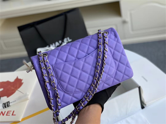 Ch*el medium classic flap bag grained calfskin silver tone metal purple 01112