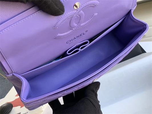 Ch*el medium classic flap bag grained calfskin silver tone metal purple 01112