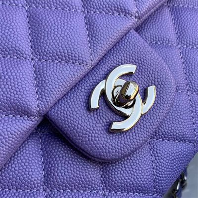 Ch*el medium classic flap bag grained calfskin silver tone metal purple 01112