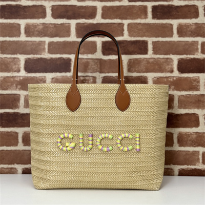 Gu.cci Medium Natural Straw Effect Raffia Tote