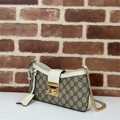 gu.cci padlock small shoulder bag beige and ebony gg S*p*e canvas white leather trim 811705