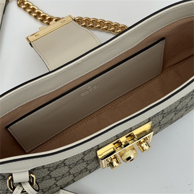 gu.cci padlock small shoulder bag beige and ebony gg S*p*e canvas white leather trim 811705