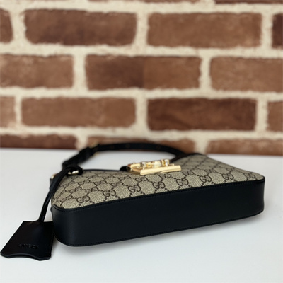gu.cci padlock small shoulder bag beige and ebony gg S*p*e canvas black leather trim 811705