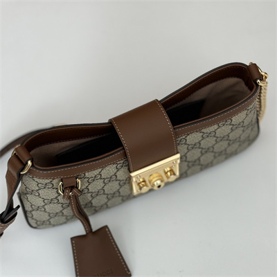 gu.cci padlock small shoulder bag beige and ebony gg S*p*e canvas brown leather trim 811705