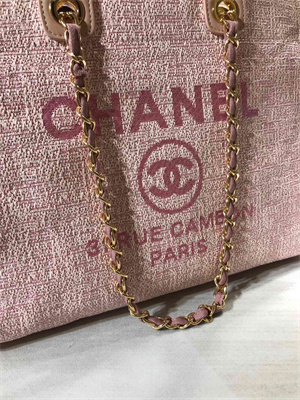 Cha.nel Deauville Large Shopping Bag Mixed Linen Fibers Gold Tone Metal Pink A66941