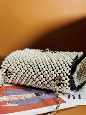 Ch*el mini classic flap bag with pearls gold tone metal