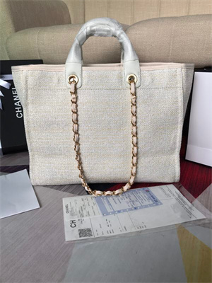 Ch*el deauville large shopping bag mixed fibers gold tone metal cream a66941
