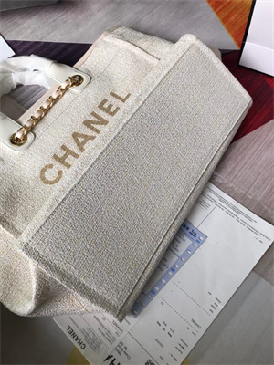 Ch*el deauville large shopping bag mixed fibers gold tone metal cream a66941