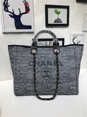 Ch*el deauville large shopping bag mixed fibers gold tone metal black a66941