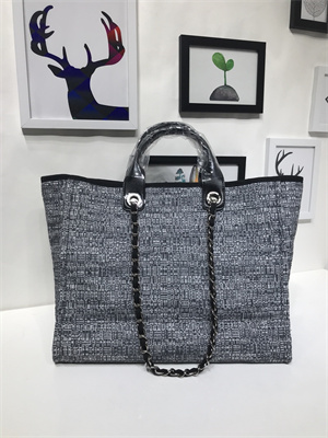 Ch*el deauville large shopping bag mixed fibers gold tone metal black a66941