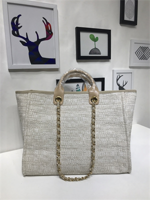 Ch*el deauville large shopping bag mixed fibers gold tone metal  a66941