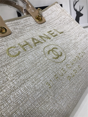 Ch*el deauville large shopping bag mixed fibers gold tone metal  a66941