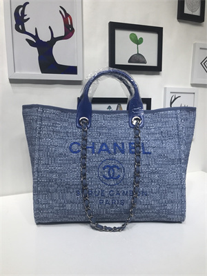 Ch*el deauville large shopping bag mixed fibers gold tone metal blue a66941