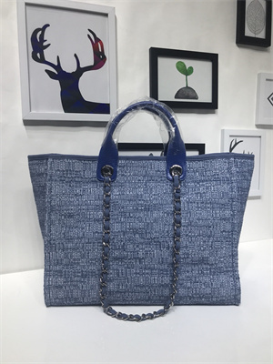 Ch*el deauville large shopping bag mixed fibers gold tone metal blue a66941