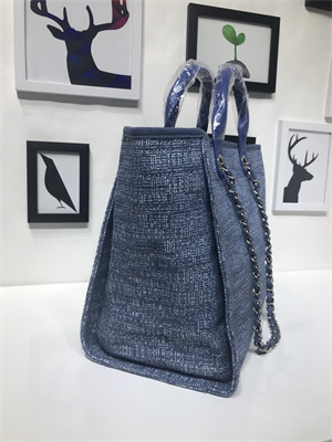 Ch*el deauville large shopping bag mixed fibers gold tone metal blue a66941