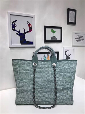 Ch*el deauville large shopping bag mixed fibers gold tone metal green a66941