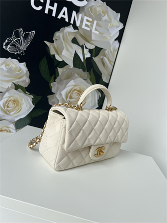 Ch*el mini flap bag with top handle grained calfskin gold tone metal white as2431