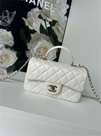 Ch*el mini flap bag with top handle lambskin gold tone metal white as2431