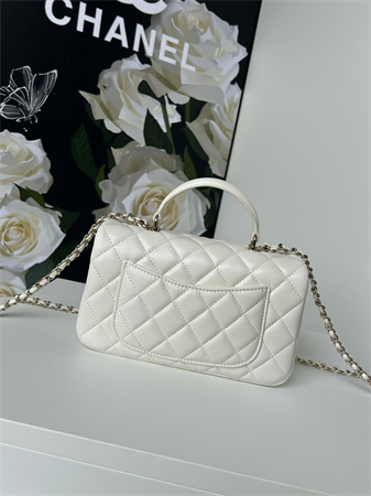 Ch*el mini flap bag with top handle lambskin gold tone metal white as2431