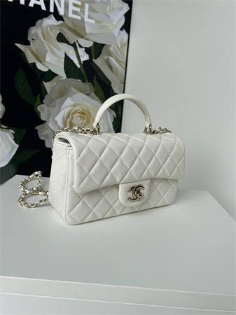 Ch*el mini flap bag with top handle lambskin gold tone metal white as2431