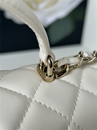 Ch*el mini flap bag with top handle lambskin gold tone metal white as2431