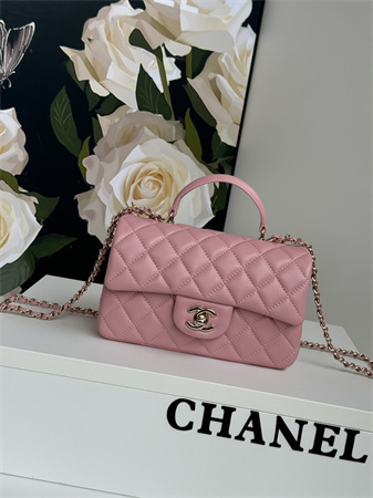 Ch*el mini flap bag with top handle lambskin gold tone metal pink as2431