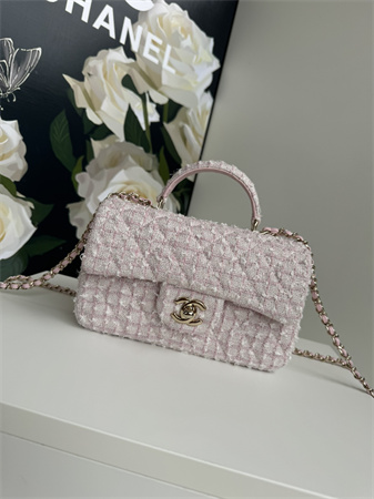 Ch*el mini flap bag with top handle tweed gold tone metal pink as2431