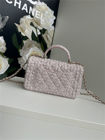 Ch*el mini flap bag with top handle tweed gold tone metal pink as2431