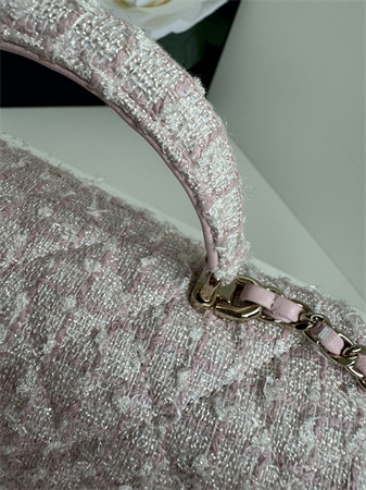 Ch*el mini flap bag with top handle tweed gold tone metal pink as2431