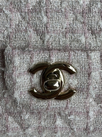 Ch*el mini flap bag with top handle tweed gold tone metal pink as2431