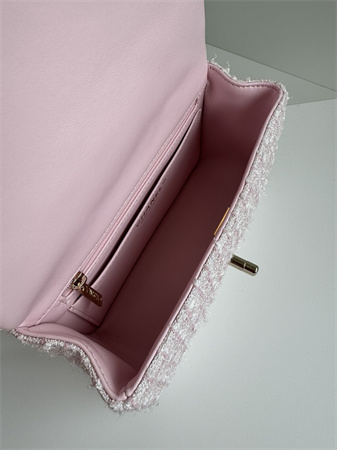 Ch*el mini flap bag with top handle tweed gold tone metal pink as2431