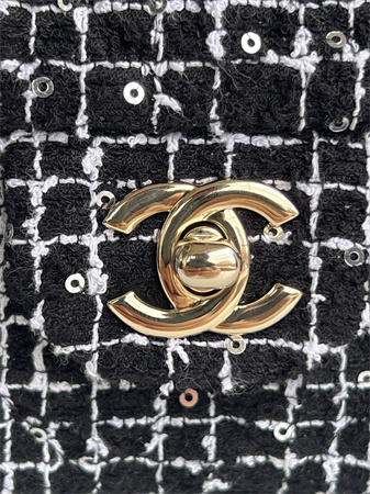 Ch*el mini flap bag with top handle tweed gold tone metal black/white as2431