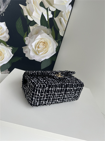 Ch*el mini flap bag with top handle tweed gold tone metal black/white as2431