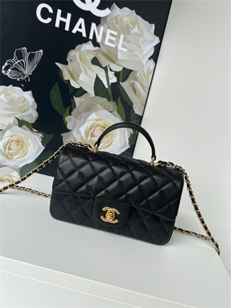 Ch*el mini flap bag with top handle grained calfskin gold tone metal black as2431