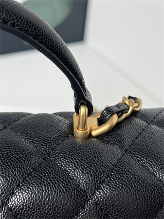 Ch*el mini flap bag with top handle grained calfskin gold tone metal black as2431